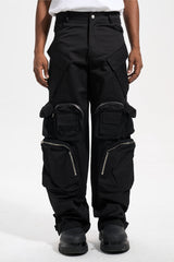 Black Multi Zip & Flap Utility Cargo Stacked Wide Leg Twill Pants