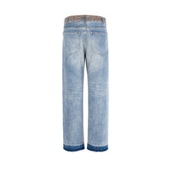 Light Blue Faux Fur-Trimmed Distressed Stacked Straight Leg Denim