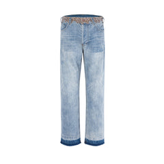 Light Blue Faux Fur-Trimmed Distressed Stacked Straight Leg Denim