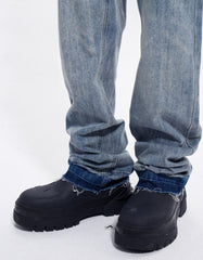 Light Blue Faux Fur-Trimmed Distressed Stacked Straight Leg Denim