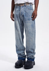 Light Blue Faux Fur-Trimmed Distressed Stacked Straight Leg Denim