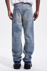 Light Blue Faux Fur-Trimmed Distressed Stacked Straight Leg Denim