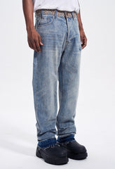 Light Blue Faux Fur-Trimmed Distressed Stacked Straight Leg Denim