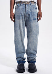 Light Blue Faux Fur-Trimmed Distressed Stacked Straight Leg Denim