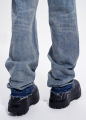 Light Blue Faux Fur-Trimmed Distressed Stacked Straight Leg Denim