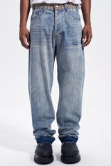 Light Blue Faux Fur-Trimmed Distressed Stacked Straight Leg Denim