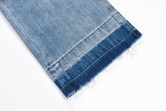 Light Blue Faux Fur-Trimmed Distressed Stacked Straight Leg Denim