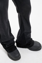 Black Vintage Wash Dual Fabric Stacked Flare Leg Denim