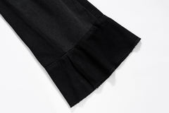 Black Vintage Wash Dual Fabric Stacked Flare Leg Denim