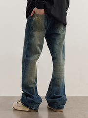 Blue Worn In Wash Curved Seam Flare Leg Denim