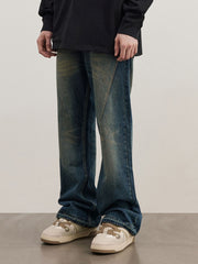 Blue Worn In Wash Curved Seam Flare Leg Denim