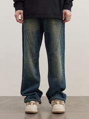 Blue Worn In Wash Curved Seam Flare Leg Denim