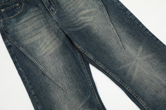 Blue Worn In Wash Curved Seam Flare Leg Denim