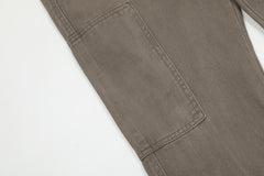 Brown Vintage Wash Multi-Seam Raw Edge Stacked Slim Leg Work Denim