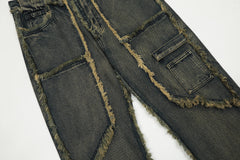 Blue & Green Tint Wash Distressed Thread Patch Work Stacked Flare Leg Denim