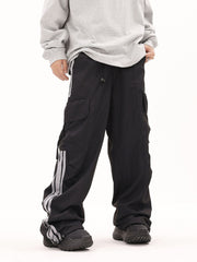 Black & Grey Side Stripe 3D Cargo Wide Leg Track Pants