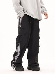 Black & Grey Side Stripe 3D Cargo Wide Leg Track Pants