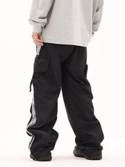 Black & Grey Side Stripe 3D Cargo Wide Leg Track Pants