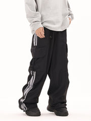 Black & Grey Side Stripe 3D Cargo Wide Leg Track Pants