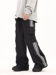 Black & Grey Side Stripe 3D Cargo Wide Leg Track Pants