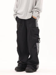 Black & Grey Side Stripe 3D Cargo Wide Leg Track Pants