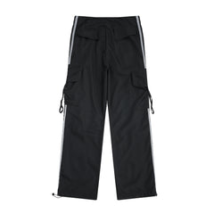 Black & Grey Side Stripe 3D Cargo Wide Leg Track Pants