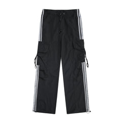 Black & Grey Side Stripe 3D Cargo Wide Leg Track Pants