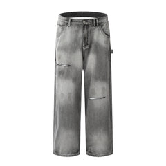 Grey Aged & Ripped Wide Leg Twill Painters Pants