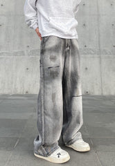 Grey Aged & Ripped Wide Leg Twill Painters Pants