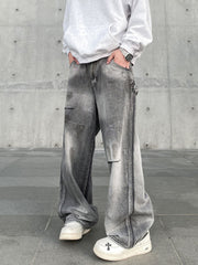 Grey Aged & Ripped Wide Leg Twill Painters Pants