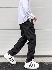 Black Drawstring 3D Front Zip & Snap Jogger Pants