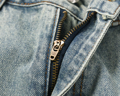 Light Blue Stone Bleach Wash Rear Zip Pocket Distressed Straight Leg Denim