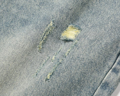Light Blue Stone Bleach Wash Rear Zip Pocket Distressed Straight Leg Denim