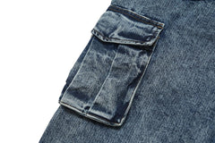 Blue Stone Wash Multi-Pocket Oversized Loose Fit Wide Leg Cargo Denim