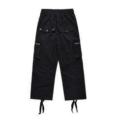 Black Multi-Zip Drawstring Cord Wide Leg Parachute Pants