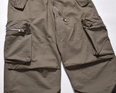 Dark Green Multi-Zip Drawstring Cord Wide Leg Parachute Pants