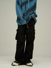 Black Multi-Zip Drawstring Cord Wide Leg Parachute Pants