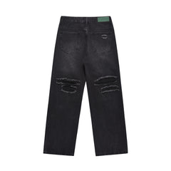 Black Worn In Wash Distressed Thread Loose Fit Straight Leg Denim
