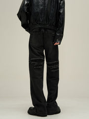 Black Worn In Wash Distressed Thread Loose Fit Straight Leg Denim
