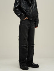 Black Worn In Wash Distressed Thread Loose Fit Straight Leg Denim