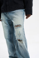 Light Blue Worn In Wash Ripped & Distressed Loose Fit Straight Leg Denim