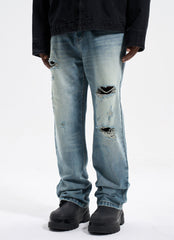 Light Blue Worn In Wash Ripped & Distressed Loose Fit Straight Leg Denim