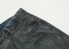Blue Worn-out Effect Patched Pocket Loose Fit Wide Leg Denim
