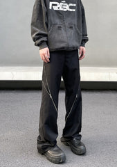 Black Diagonal Zip-Detail Wide Leg Pants
