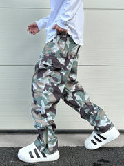 Camo Snap Cargo Zip Flare Waterproof Nylon Pants