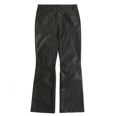 Black Paneled Seam Stacked Flare Leg Leather Pants