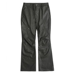Black Paneled Seam Stacked Flare Leg Leather Pants