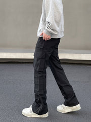 Black Multi-Pocket Zip Flare Leg Cargo Pants
