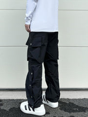 Black Side Zip & Snap Large Pocket Wide Leg Cargo Pants