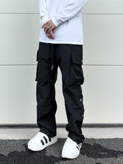 Black Side Zip & Snap Large Pocket Wide Leg Cargo Pants